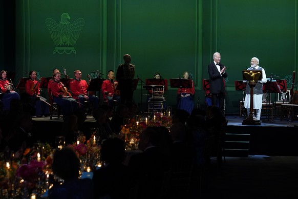 Indian Prime Minister Narendra Modi offers a toast at a state dinner with President Joe Biden at the White House in Washington, Thursday, June 22, 2023. (AP Photo/Susan Walsh)