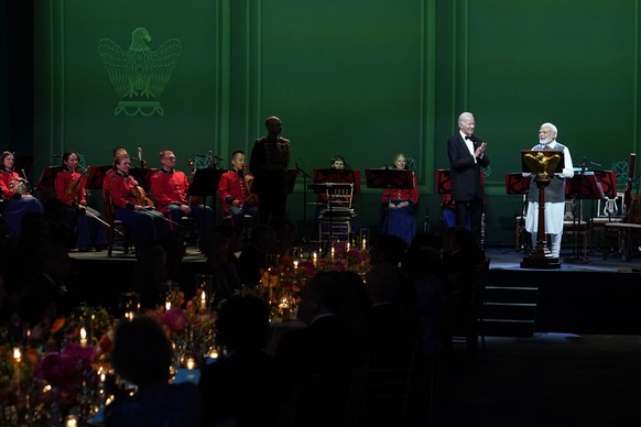 India&#039;s Prime Minister Narendra Modi offers a toast during a State Dinner with President Joe Biden at the White House in Washington, Thursday, June 22, 2023. (AP Photo/Susan Walsh)