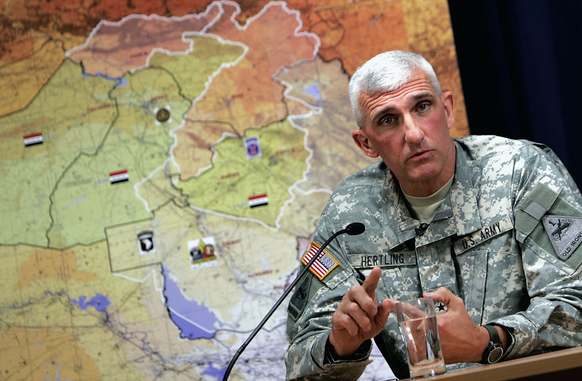 U.S. Army Maj. Gen. Mark Hertling , commander of Multi-National Division - North, speaks to reporters on Wednesday, Dec. 19, 2007 during a press conference about recent efforts against al-Qaida with M ...