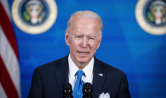 epa09066525 US President Joe Biden speaks during an event in the Eisenhower Executive Office Building in Washington, DC, USA, 10 March 2021. Biden will double the US order of Johnson &amp; Johnson&#03 ...