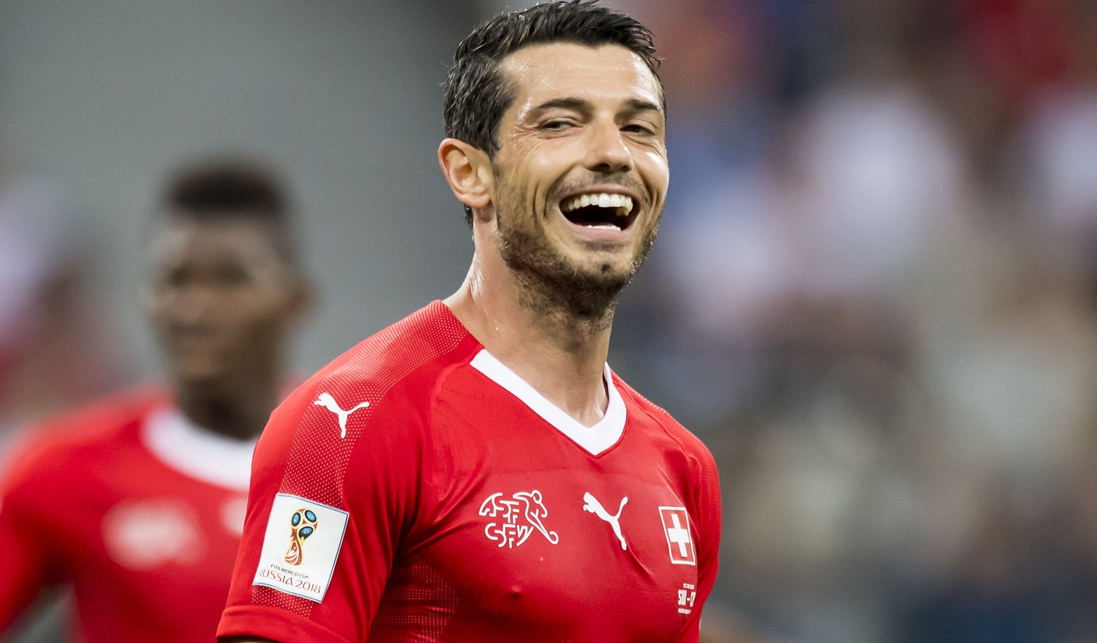 Switzerland&#039;s midfielder Blerim Dzemaili, reacts during the FIFA World Cup 2018 group E preliminary round soccer match between Switzerland and Costa Rica at the Nizhny Novgorod Stadium, in Nizhny ...