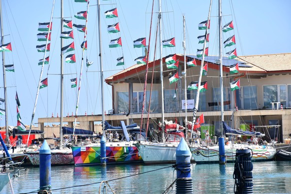 epa12905038 Vessels participating in the Global Sumud Flotilla (GSF) are moored at the Port of Xiphonia in Augusta, near Syracuse, Sicily island, southern Italy, 21 April 2026. The ships are scheduled ...