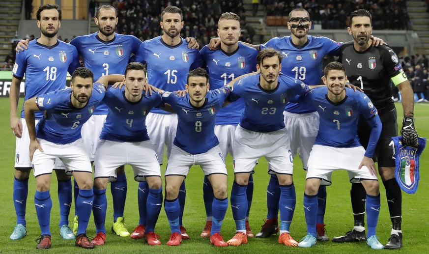 Italy&#039;s players line up prior to the World Cup qualifying play-off second leg soccer match between Italy and Sweden, at the Milan San Siro stadium, Italy, Monday, Nov. 13, 2017. (AP Photo/Luca Br ...