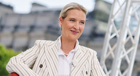 epaselect epa12249587 Alice Weidel, co-leader of the Alternative for Germany (AfD) party, attends a summer interview with public broadcaster ARD in Berlin, Germany, 20 July 2025. EPA/HANNIBAL HANSCHKE