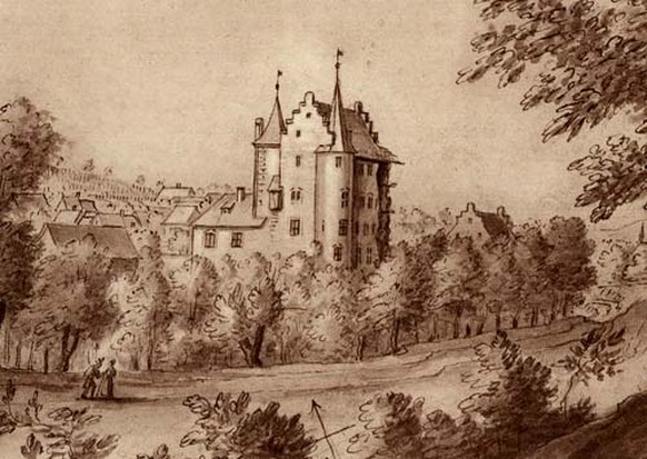 Ebenfalls von Büchel, 1760 gezeichnet: Das Schloss Binningen, eines der Landgüter Jan van Brügges.&nbsp;