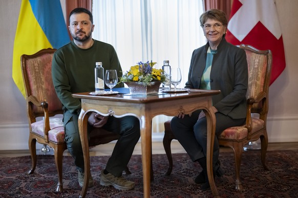 Swiss Federal President Viola Amherd, right, speaks with Volodymyr Zelenskyy, President of Ukraine, on Monday, January 15, 2024 in Kehrsatz near Bern, Switzerland. Zelenskyy will attend the World Econ ...
