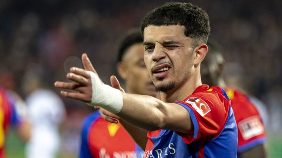 epa10637615 Basel&#039;s Zeki Amdouni cheers after scoring during the UEFA Conference League semifinal second leg match between Switzerland&#039;s FC Basel 1893 and Italy&#039;s ACF Fiorentina at the  ...
