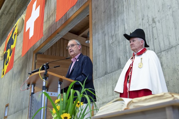 Bundespraesident Guy Parmelin waehrend seiner 1. Augustansprache an der 1. Augustfeier in Herzogenbuchsee, am Samstag, 31. Juli 2021. (KEYSTONE/Marcel Bieri)