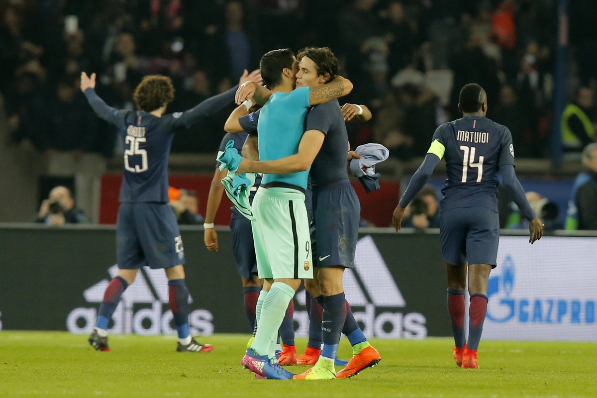 From the left, PSG's Adrien Rabiot, Angel di Maria, Edison Cavani and Blaise Matuidi celebrates their victory the Champions League first leg knockout round match Paris Saint Germain against Barce ...
