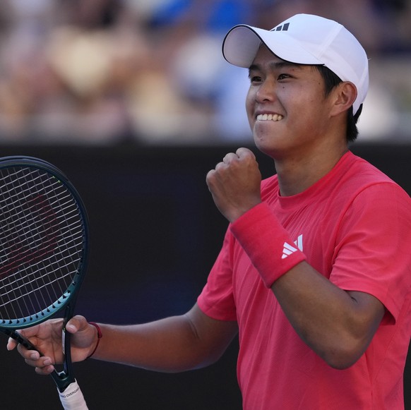 Learner Tien of the U.S. celebrates after defeating Corentin Moutet of France in their third round match at the Australian Open tennis championship in Melbourne, Australia, Saturday, Jan. 18, 2025. (A ...