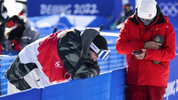 Andri Ragettli of Switzerland is disappointed after the men's ski freestyle slopestyle final at the 2022 Winter Olympics in Zhangjiakou, China, on Wednesday, February 16, 2022. (KEYSTONE/Peter Kl ...