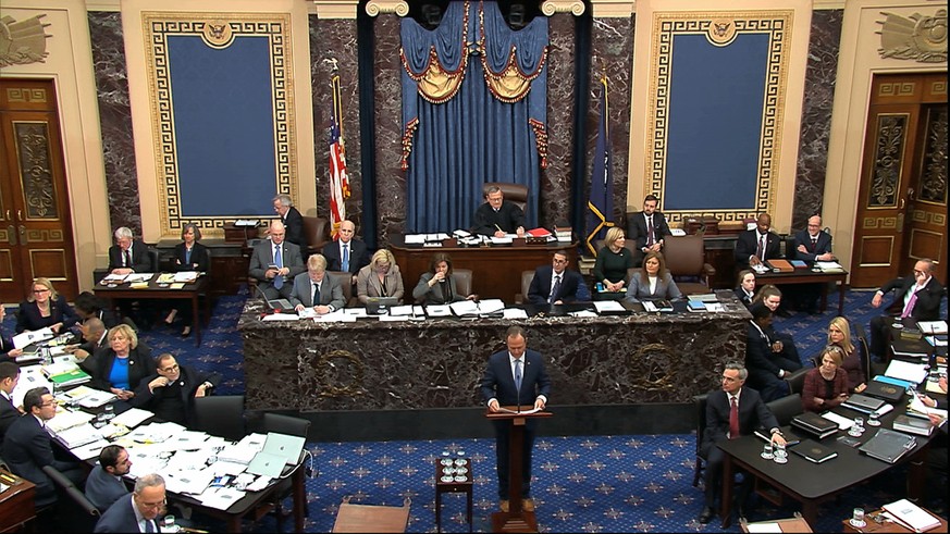 In this image from video, impeachment manager Rep. Adam Schiff, D-Calif., argues in favor of amendment regarding selective admission of evidence and handling of classified material that was offered by ...