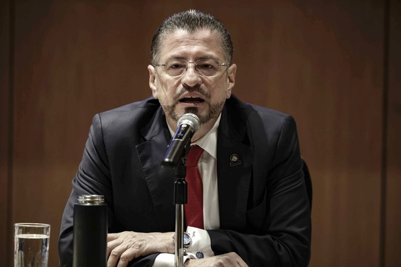 epa12527055 Costa Rican President Rodrigo Chaves speaks during a hearing in San Jose, Costa Rica, 14 November 2025. A legislative committee is studying a request for impeachment filed by the Supreme E ...