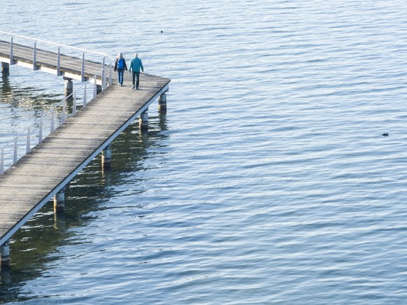 Der Seeuferweg-Steg von Waedenswil nach Richterswil auf dem Zuerichsee, aufgenommen am Dienstag, 6. Februar 2024 in Richterswil. (KEYSTONE/Ennio Leanza)