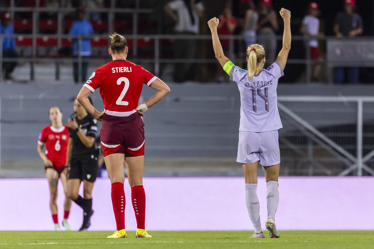 epa12153835 Norway's Ada Hegerberg (R) celebrates her team's victory next to Switzerland's Julia Stierli after the UEFA Women's Nations League match between Switzerland and Norway  ...
