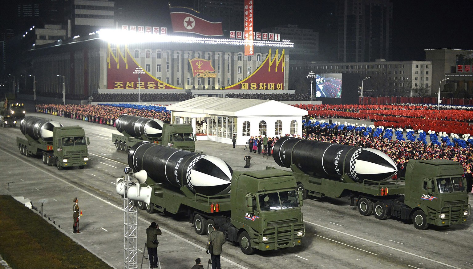 FILE - This photo provided by the North Korean government shows missiles during a military parade marking the ruling party congress, at Kim Il Sung Square in Pyongyang, North Korea on Jan. 14, 2021. I ...