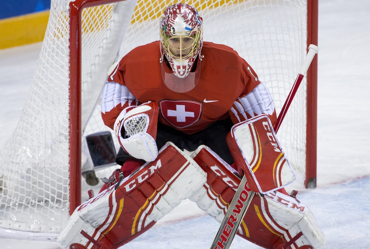 Jonas Hiller, goalkeeper of Switzerland, during the men ice hockey play-off qualification match between Switzerland and Germany in the Kwandong Hockey Center in Gangneung during the XXIII Winter Olymp ...
