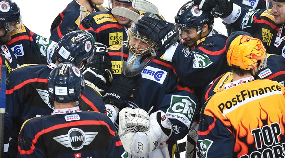 Die Ambri-Spieler feiern ihren Goalie Gianluca Hauser.