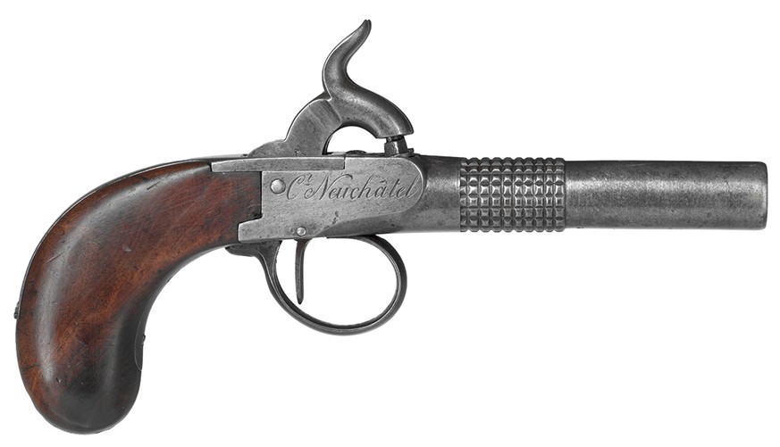 Auch die Bewaffnung der Polizei hat sich über die Jahrhunderte verändert. Pistole der Polizei Neuenburg, 1840-1860.