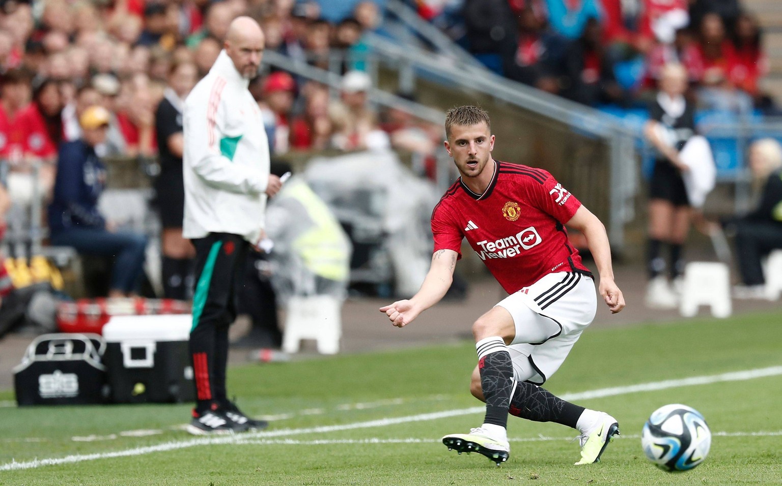 Mandatory Credit: Photo by Fredrik Solstad/Shutterstock 14003858j Manchester United, ManU manager Erik ten Hag watches Mason Mount in action on his debut Manchester United v Leeds United, Pre Seaon Fr ...