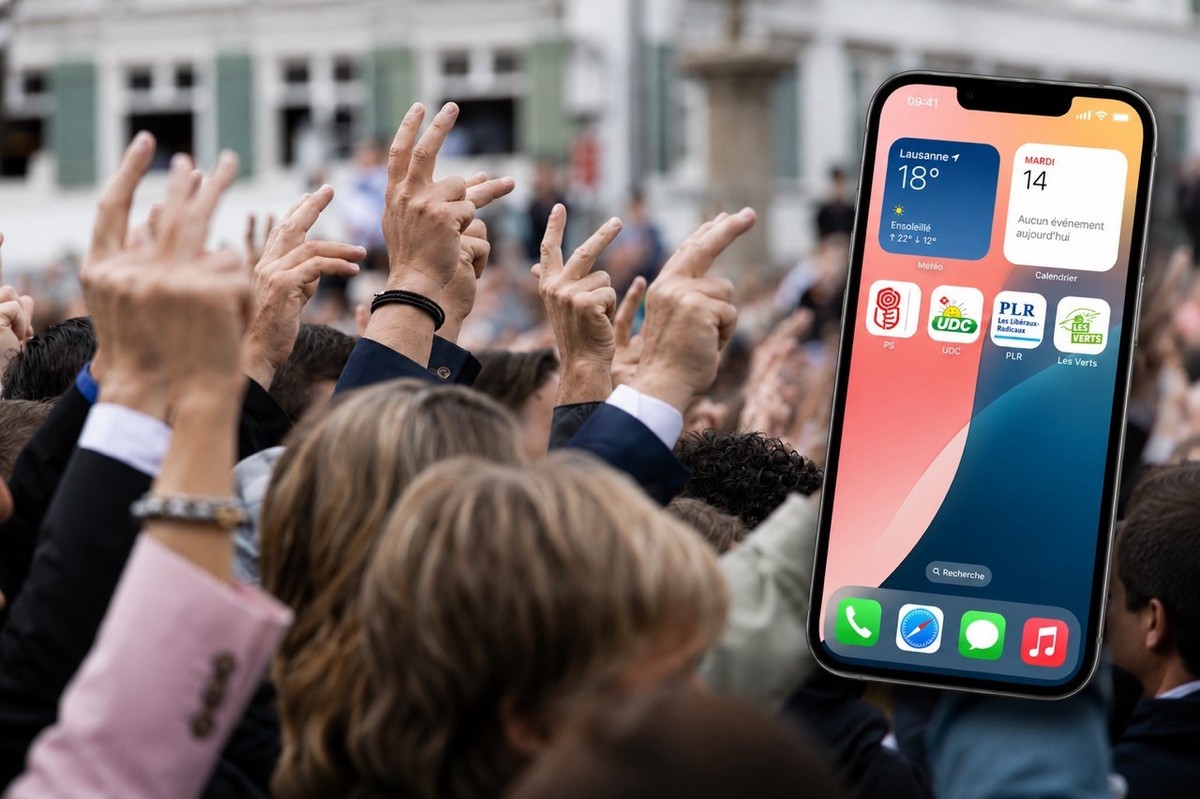 Assemblée cantonale d'Appenzell - Vote à main levée, dimanche, 28 avril 2024. Une image d'un écran de smartphone montre les logos des applications des partis politiques qui pourraient bientô ...
