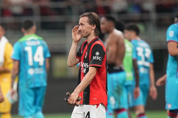 AC Milan's Luka Modric reacts at the end of the Serie A soccer match between AC Milan and Cagliari, in Milan, Italy, Sunday, May 24, 2026. (AP Photo/Antonio Calanni)
Italy Serie A Soccer