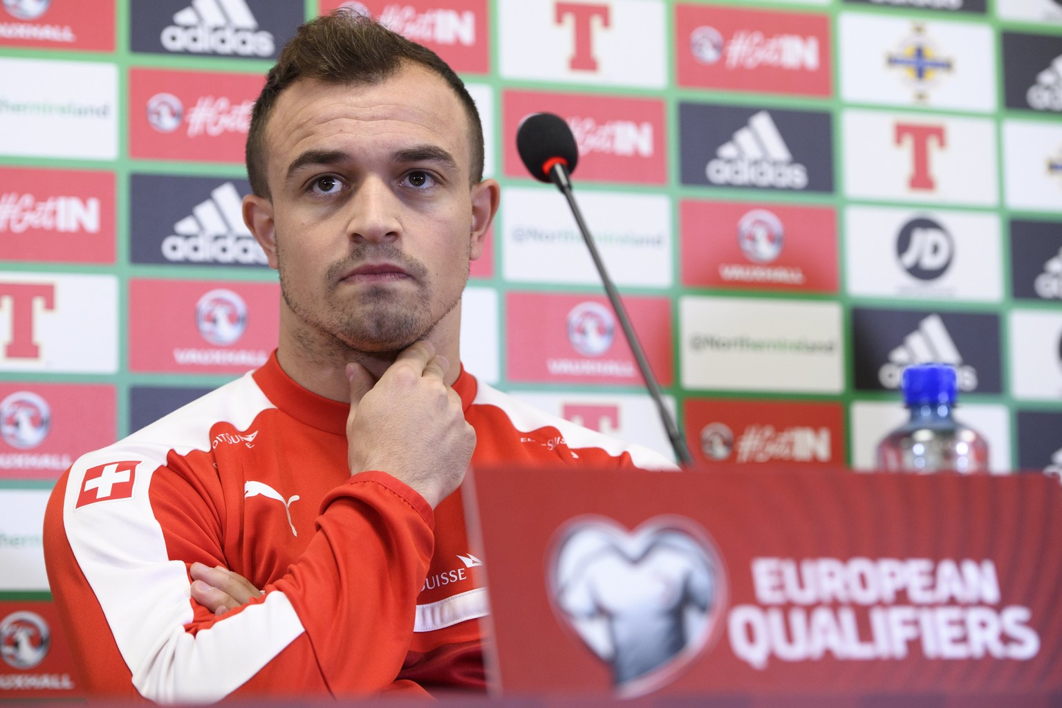 epa06316295 Switzerland&#039;s national team soccer player Xherdan Shaqiri speaks during a press conference on the eve of the 2018 FIFA World Cup play-offs first leg soccer match Northern Ireland agai ...