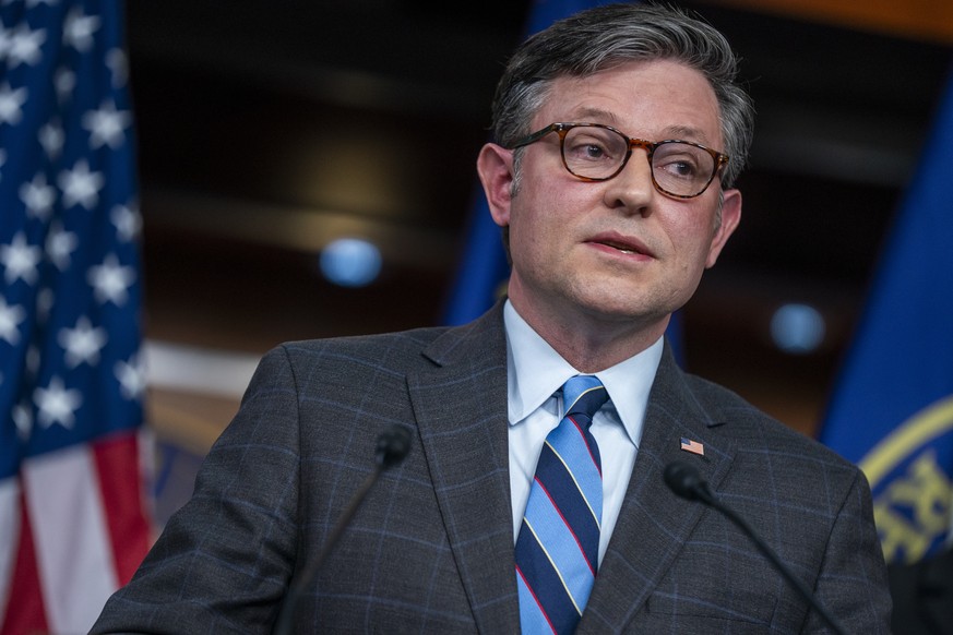 epa11131816 Speaker of the House Mike Johnson responds to a question from the news media during a press conference in the US Capitol in Washington, DC, USA, 06 February 2024. House Republicans are wor ...