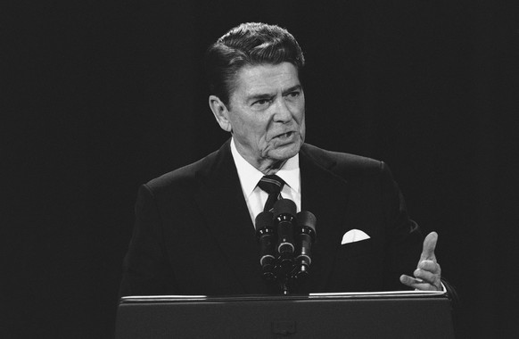 FILE - President Ronald Reagan speaks during a debate with Democratic presidential nominee Walter Mondale on Oct. 1.  8, 1984, in Louisville, Ky.  In a debate against Mondale, Reagan promised he would not…