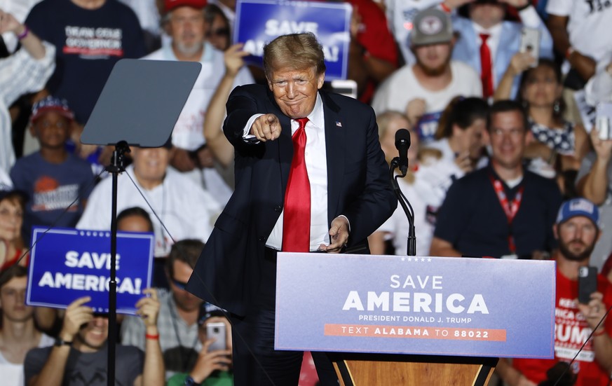 epa09424231 Former US President Donald Trump participates in a rally sponsored by the Alabama Republican Party at the York Family Farms in Cullman, Alabama, USA, 21 August 2021. The Cullman City Counc ...