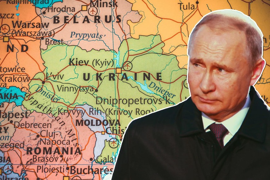 Wladimir Putin und eine Karte der Ukraine.
