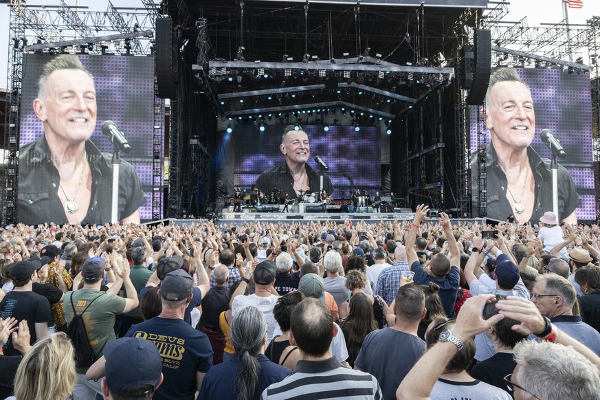 US musician Bruce Springsteen performs with the E Street Band during a concert at the Letzigrund stadium in Zurich, Switzerland, Tuesday, June 13, 2023. (KEYSTONE/Ennio Leanza).