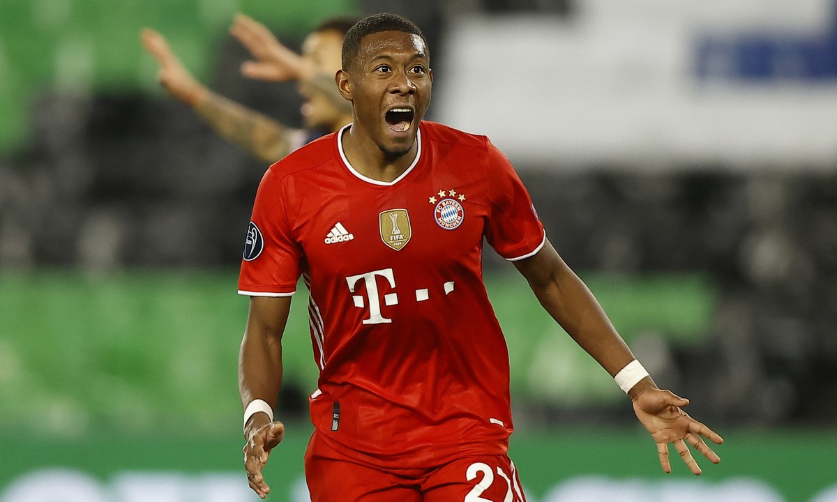 epa09133655 Bayern's David Alaba reacts during the UEFA Champions League quarterfinal second leg soccer match between Paris Saint-Germain and FC Bayern Munich, in Paris, France, 13 April 2021. EP ...