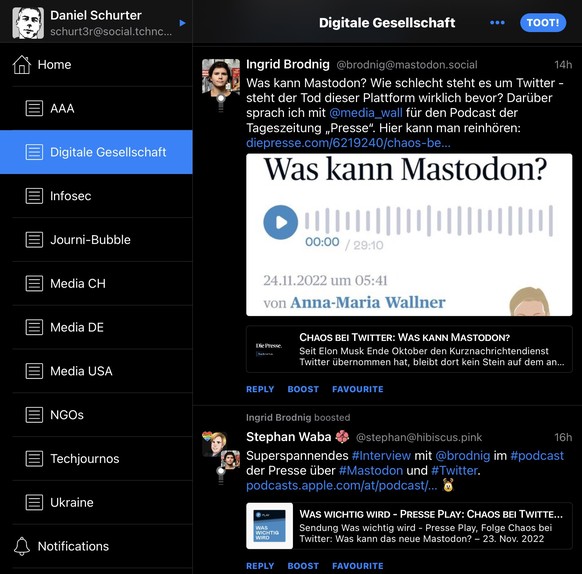 Meine (derzeit) bevorzugte Mastodon-App heisst «Toot!» Auf dem iPad lassen sich damit selber angelegte Themen-Listen fürs schnelle Aufrufen anzeigen.