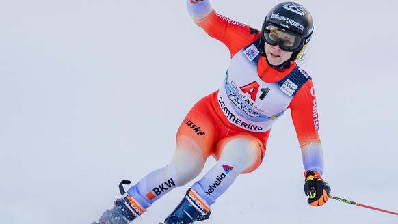 epa10380189 Andrea Ellenberger of Switzerland reacts in the finish area during the second run of the Women&#039;s Giant Slalom race at the FIS Alpine Skiing World Cup event in Semmering, Austria, 28 D ...