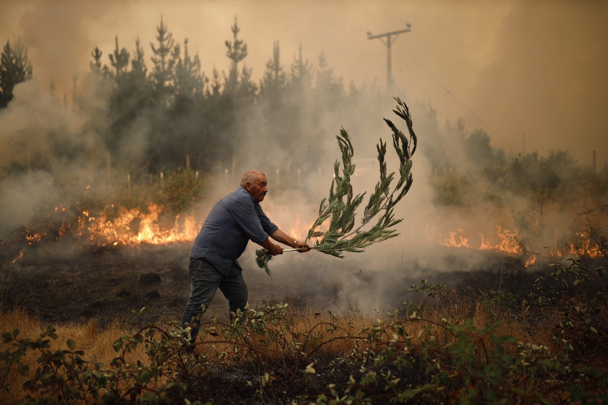 epaselect epa10448104 Firefighters and residents work to put out a fire in Santa Juana, Chile, 04 February 2023. The Chilean Government confirmed this 04 February the death of 2 people in a fire in th ...
