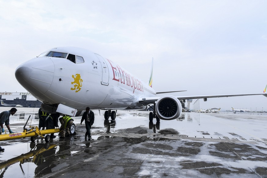 epa07426646 Ethiopian Airlines Boeing 737 Max 8 (ET-AVM), the same aircraft that crashed in Ethiopia on 10 March 2019, is seen at Bole International Airport in Addis Ababa, Ethiopia, when it was first ...