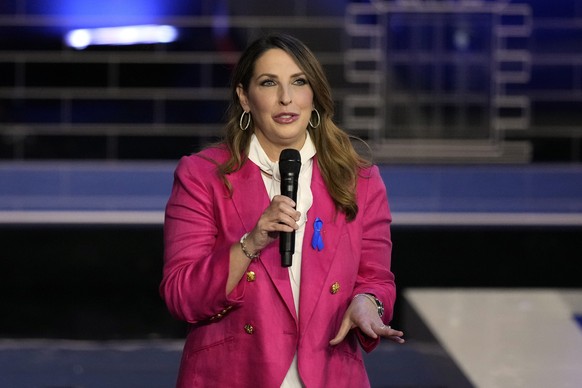 FILE - Ronna McDaniel, chairwoman of the Republican National Committee, speaks before a Republican presidential primary debate hosted by NBC News, Nov. 8, 2023, in Miami.  The RNC meets behind closed doors in L...