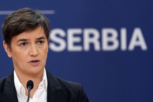 Serbian Prime Minister Ana Brnabic speaks during a press conference after talks with her Montenegrin counterpart Dritan Abazovic at the Serbia Palace in Belgrade, Serbia, Wednesday, June 29, 2022. Aba ...