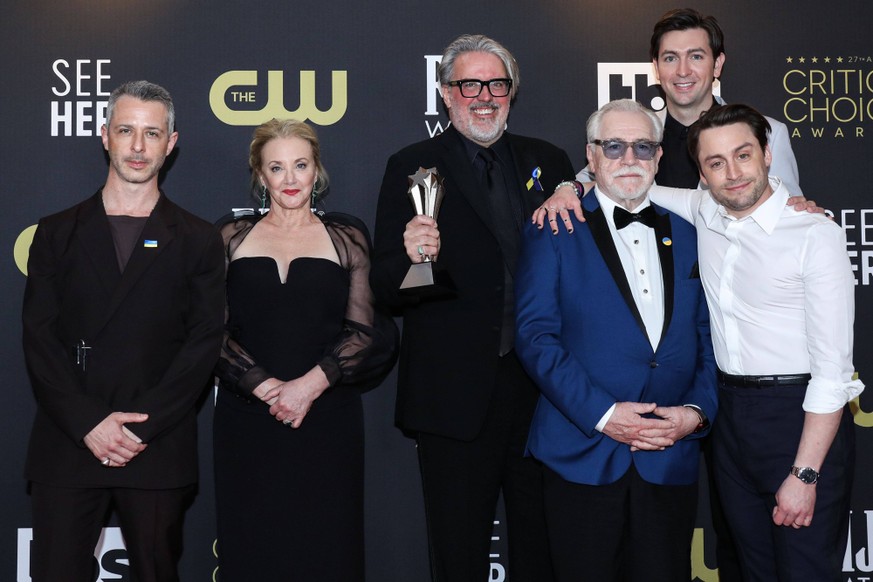 27th Annual Critics Choice Awards - Press Room Jeremy Strong, J. Smith-Cameron, Scott Ferguson, Brian Cox, Nicholas Braun and Kieran Culkin pose in the press room after receiving the Best Drama Series ...