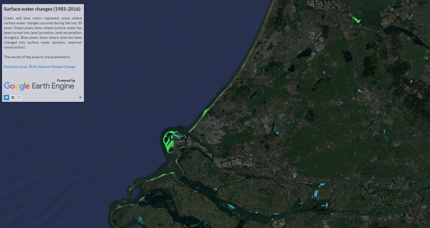 Hier hat künstlicher Landgewinn Tradition: Küste der Niederlande. Besonders deutlich: <a href="https://de.wikipedia.org/wiki/Maasvlakte" target="_blank">Maasvlakte 2</a>, eine Erweiterung des Hafens Rotterdam.&nbsp;