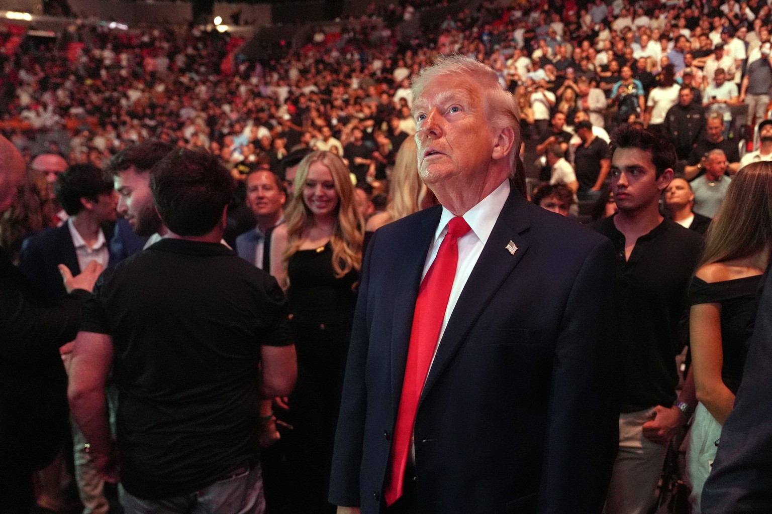 President Donald Trump attends the UFC 327 at Kaseya Center, Saturday, April 11, 2026, in Miami. (AP Photo/Julia Demaree Nikhinson, Pool)
Trump