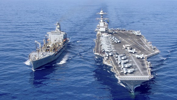 The aircraft carrier USS Gerald R. Ford refuels from the underway oil company USNS Laramie in the eastern Mediterranean Sea, October 2014. 11, 2023. (U.S. Navy photo via AP)
