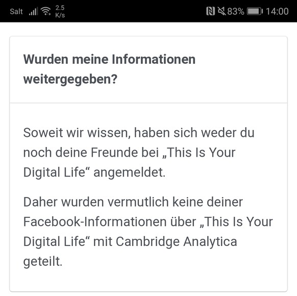 Wenn man selbst und auch kein Facebook-Kontakt die Persönlichkeitstest-App «This Is Your Digital Life» genutzt hat, ist man nicht betroffen.