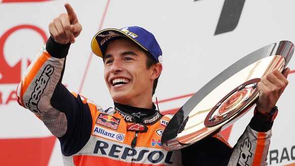 epa07952686 Marc Marquez of Spain and Repsol Honda Team celebrates his win in the Moto GP race on day three of the 2019 Australian Motorcycle Grand Prix on Phillip Island in Victoria, Australia, 27 Oc ...