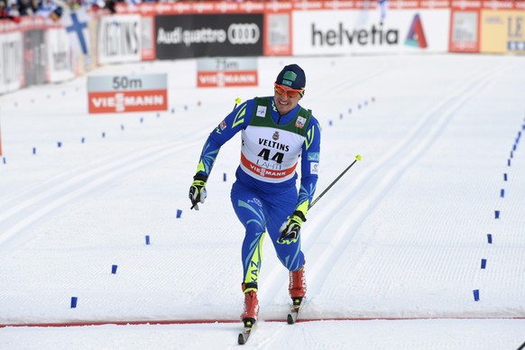 Alexey Poltoranin of Kazakhstan competes during the men's cross-country skiing 15km classic style of the FIS World Cup in Lahti, Finland, Sunday, March 4,  2018. (Markuu Ulander/Lehtikuva via AP)