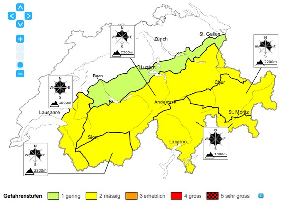Die Gefahrenkarte des SLF zeigt mässige Lawinengefahr für das Gebiet um den Grossen St.Bernhard.