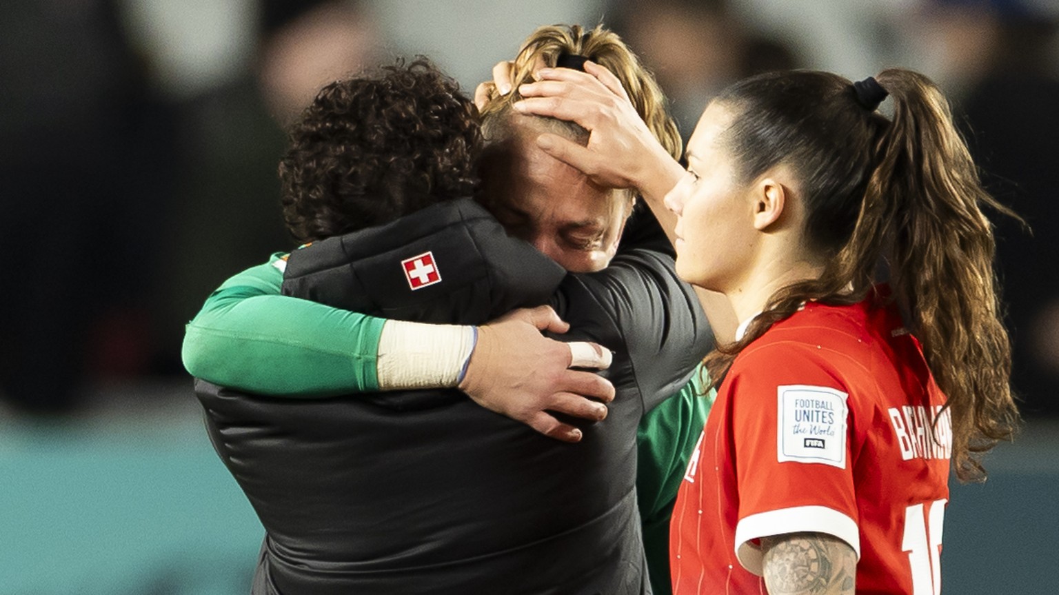 Switzerland&#039;s goalkeeper Gaelle Thalmann cries after loosing the FIFA Women&#039;s World Cup 2023 round of 16 soccer match between Switzerland and Spain at Eden Park in Auckland, New Zealand on S ...