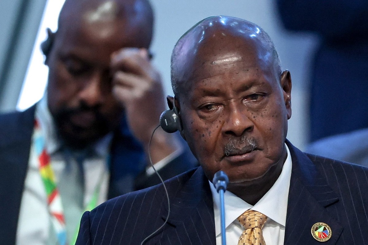 epa10773252 A handout photo made available by TASS Host Photo Agency shows Ugandan President Yoweri Museveni attending a plenary session during the Second Summit 'Russia-Africa' Economic and ...