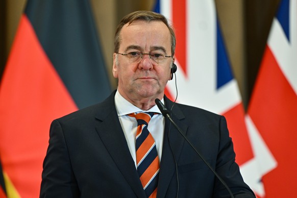 epa12761368 German Defense Minister Boris Pistorius attends a press conference following the E5 defense ministers' meeting in Krakow, Poland, 20 February 2026. Poland is hosting a meeting of the  ...